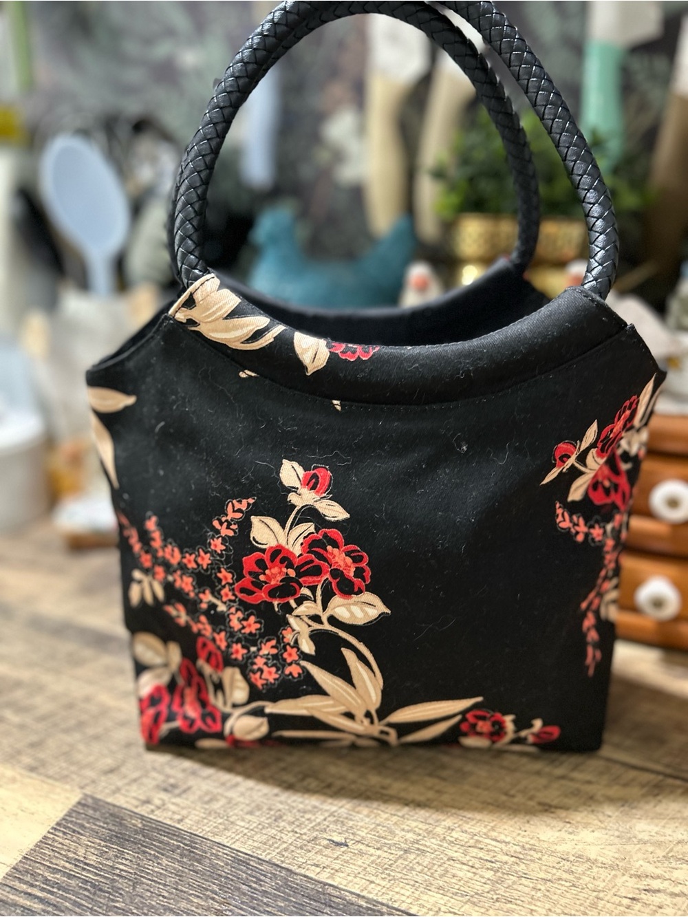 Old Navy Vintage Y2K Black Floral Cotton Handbag Braided Handles